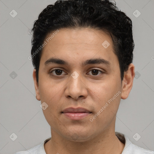 Neutral latino young-adult male with short  black hair and brown eyes