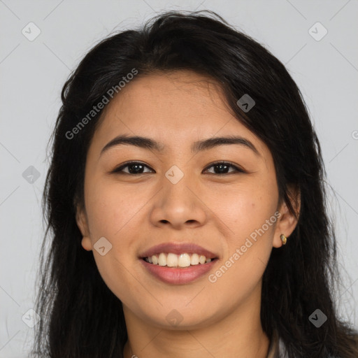 Joyful asian young-adult female with long  brown hair and brown eyes