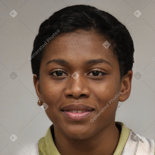 Joyful black young-adult female with short  black hair and brown eyes