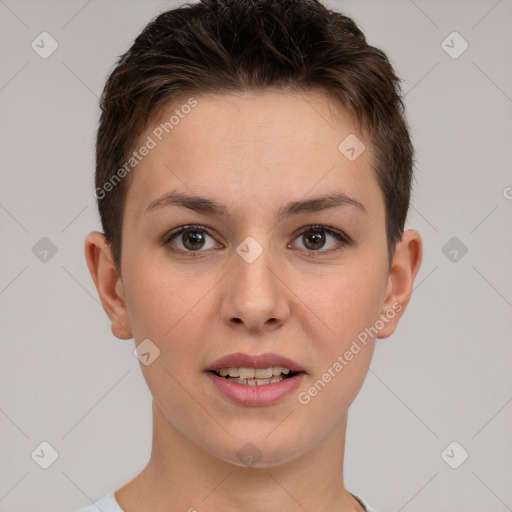 Joyful white young-adult female with short  brown hair and brown eyes