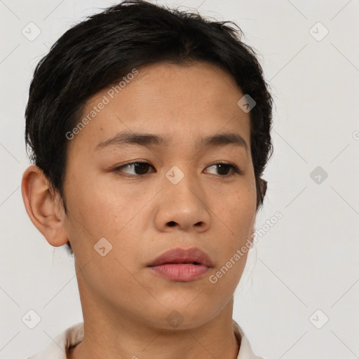 Neutral asian young-adult female with short  brown hair and brown eyes