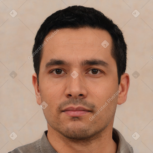 Neutral asian young-adult male with short  black hair and brown eyes