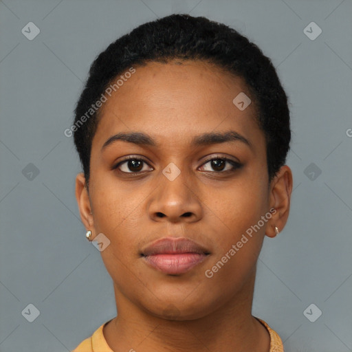 Neutral black young-adult female with short  black hair and brown eyes