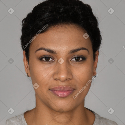 Joyful black young-adult female with short  black hair and brown eyes