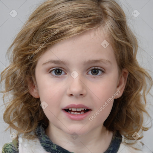 Joyful white child female with medium  brown hair and brown eyes