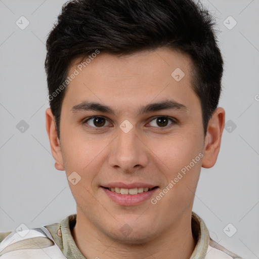 Joyful white young-adult male with short  brown hair and brown eyes