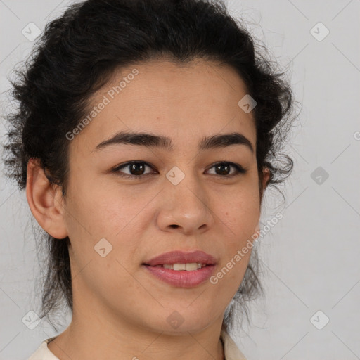 Joyful latino young-adult female with short  brown hair and brown eyes