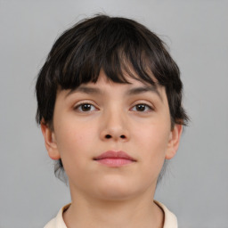 Neutral white young-adult female with short  brown hair and brown eyes