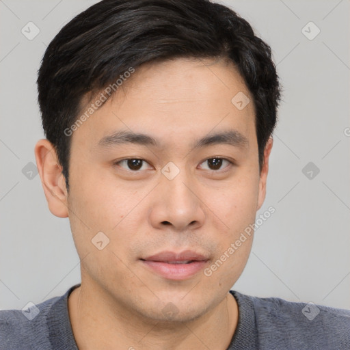 Neutral asian young-adult male with short  black hair and brown eyes