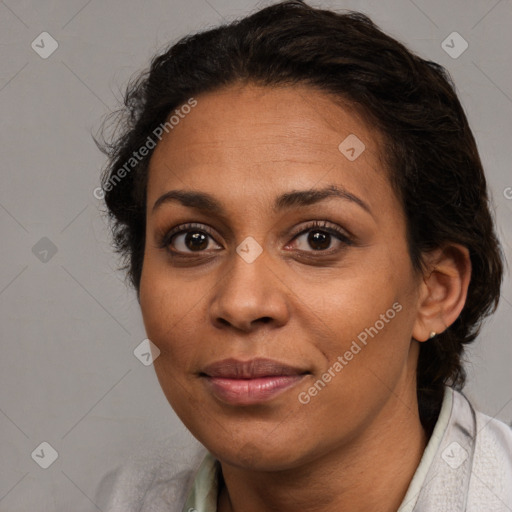 Joyful white adult female with short  brown hair and brown eyes