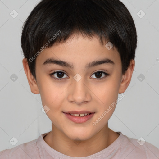 Joyful white child male with short  brown hair and brown eyes