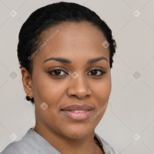 Joyful black young-adult female with short  black hair and brown eyes