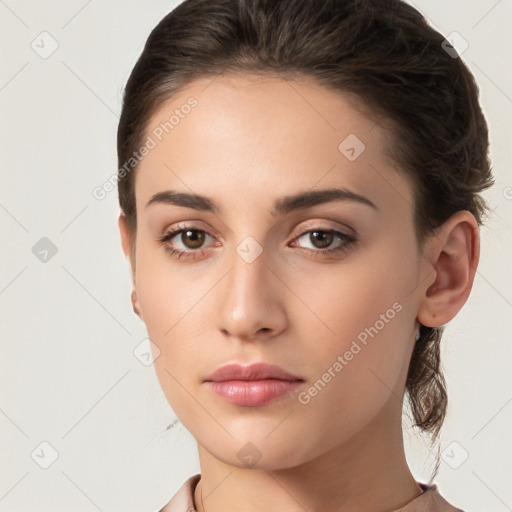 Neutral white young-adult female with medium  brown hair and brown eyes