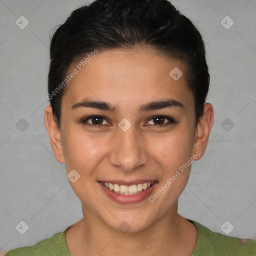 Joyful white young-adult female with short  brown hair and brown eyes