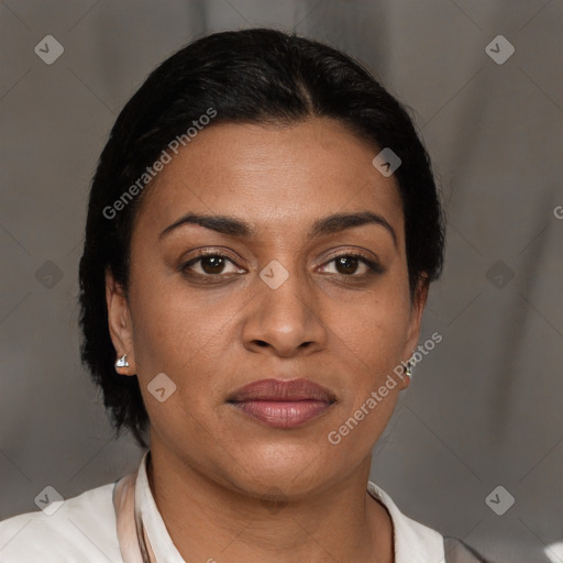 Joyful latino young-adult female with short  brown hair and brown eyes