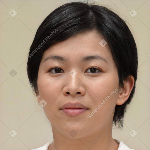 Neutral asian young-adult female with medium  black hair and brown eyes