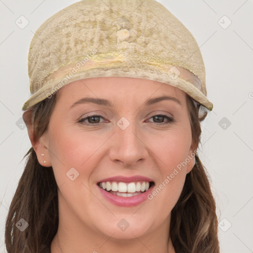 Joyful white young-adult female with long  brown hair and grey eyes