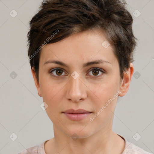 Neutral white young-adult female with short  brown hair and brown eyes