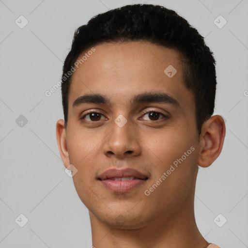 Neutral latino young-adult male with short  black hair and brown eyes