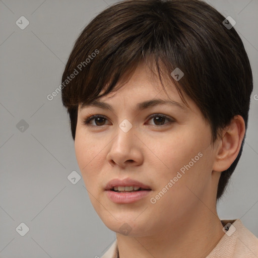 Neutral white young-adult female with short  brown hair and brown eyes