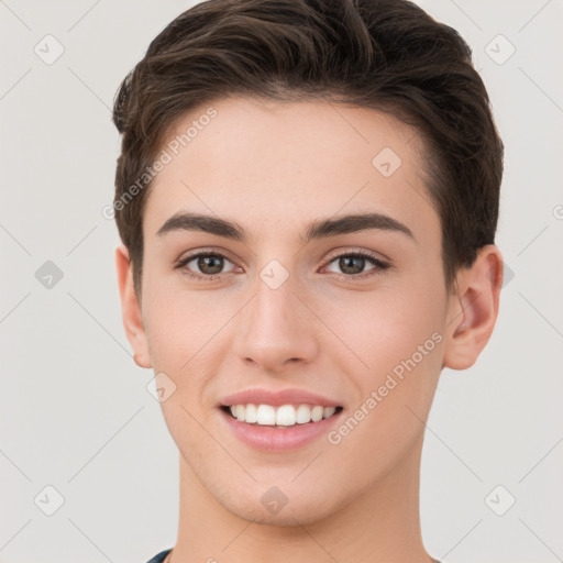 Joyful white young-adult female with short  brown hair and brown eyes