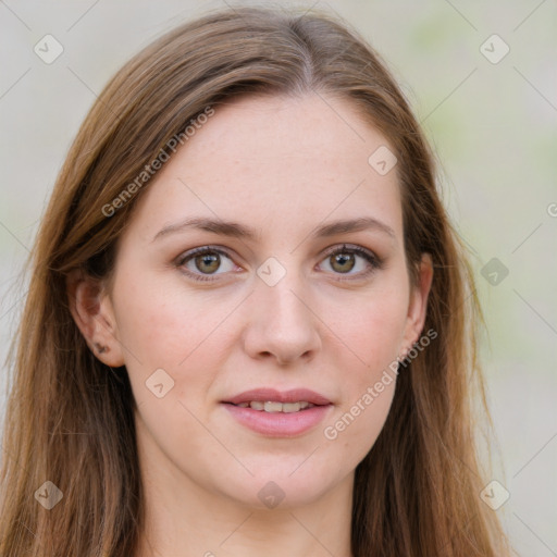 Joyful white young-adult female with long  brown hair and green eyes