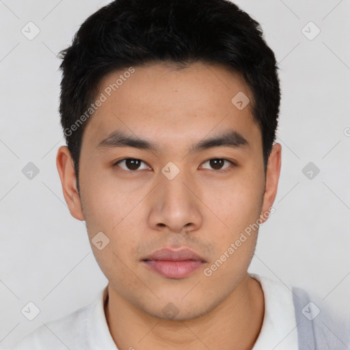 Neutral asian young-adult male with short  black hair and brown eyes