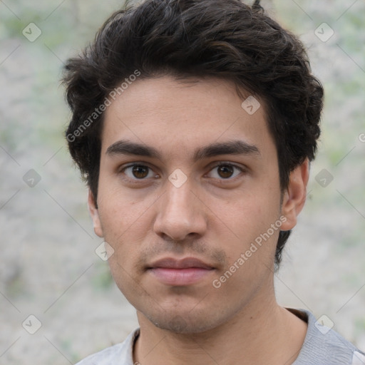 Neutral white young-adult male with short  black hair and brown eyes