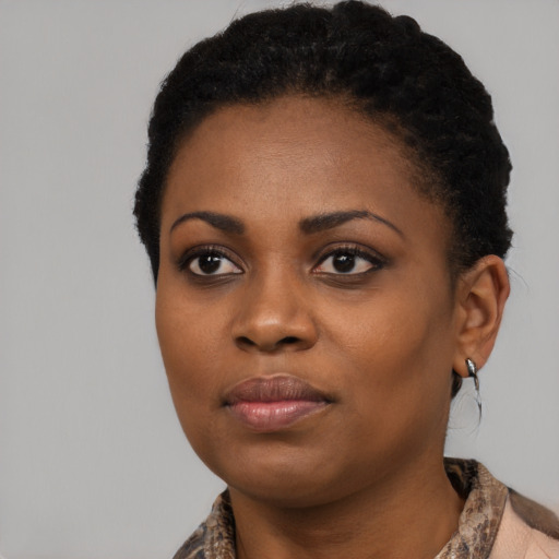 Joyful black young-adult female with medium  black hair and brown eyes