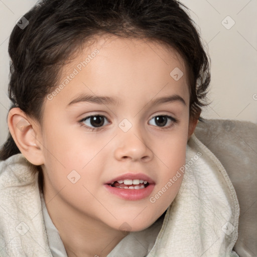 Joyful white child female with medium  brown hair and brown eyes