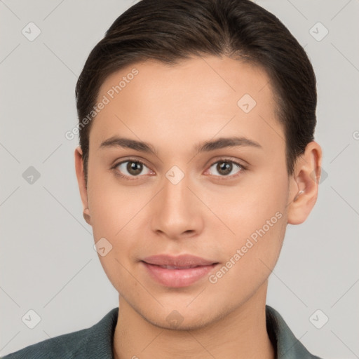 Joyful white young-adult female with short  brown hair and brown eyes