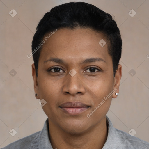 Joyful black young-adult female with short  black hair and brown eyes