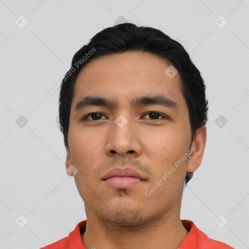 Neutral asian young-adult male with short  black hair and brown eyes