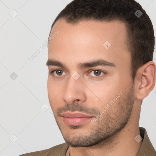 Neutral white young-adult male with short  brown hair and brown eyes