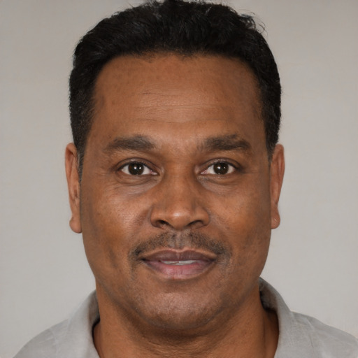 Joyful black adult male with short  brown hair and brown eyes