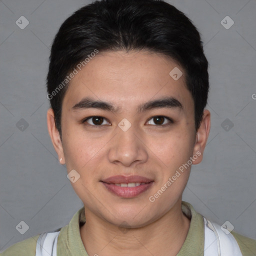 Joyful latino young-adult male with short  brown hair and brown eyes