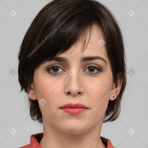 Neutral white young-adult female with medium  brown hair and brown eyes