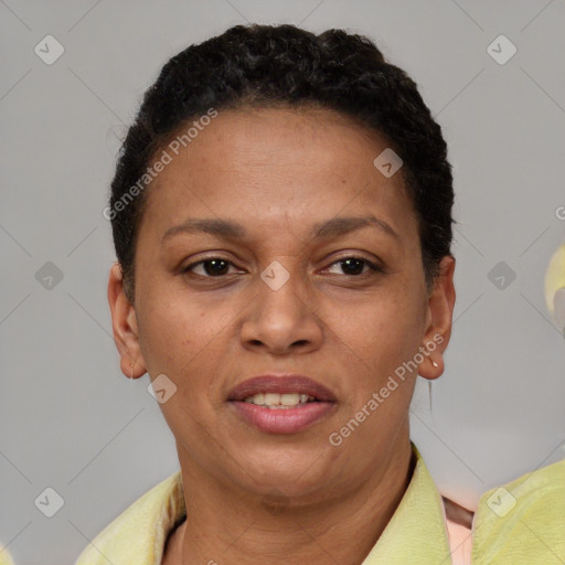 Joyful white adult female with short  brown hair and brown eyes