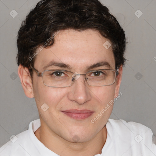 Joyful white adult female with short  brown hair and brown eyes