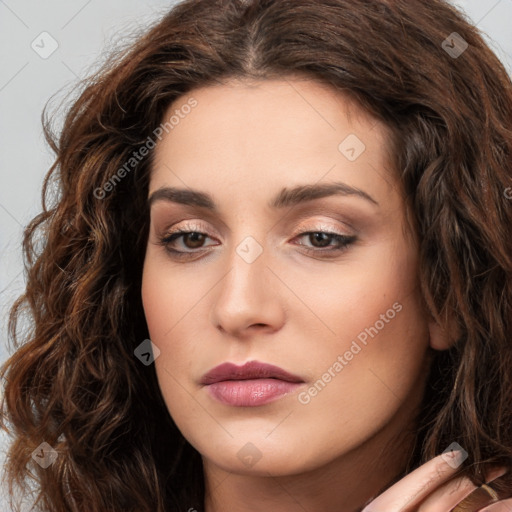 Neutral white young-adult female with long  brown hair and brown eyes