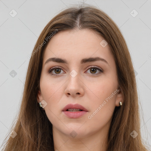 Neutral white young-adult female with long  brown hair and brown eyes