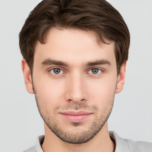 Neutral white young-adult male with short  brown hair and brown eyes