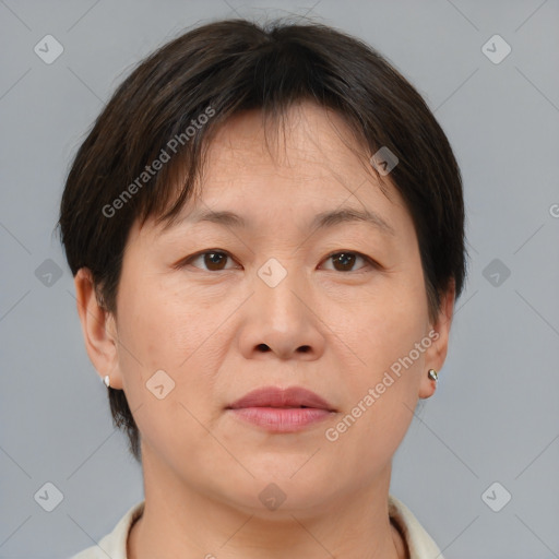 Joyful asian adult female with medium  brown hair and brown eyes