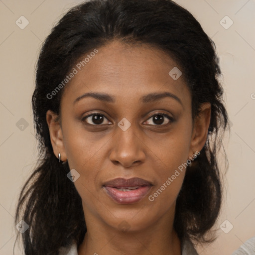 Joyful black young-adult female with medium  brown hair and brown eyes