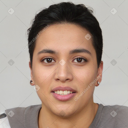 Joyful asian young-adult female with short  black hair and brown eyes