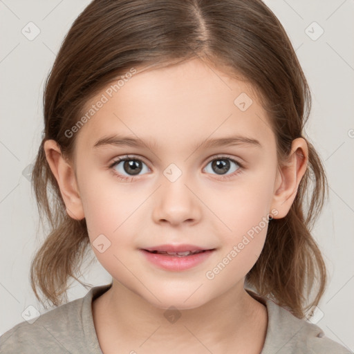 Joyful white child female with medium  brown hair and brown eyes