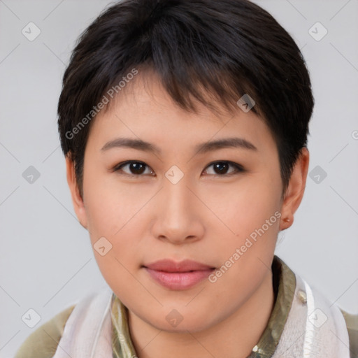 Neutral asian young-adult female with short  brown hair and brown eyes