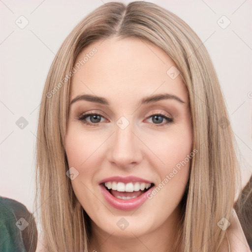 Joyful white young-adult female with long  brown hair and grey eyes