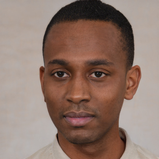 Neutral black young-adult male with short  black hair and brown eyes
