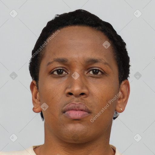 Neutral black young-adult female with short  brown hair and brown eyes